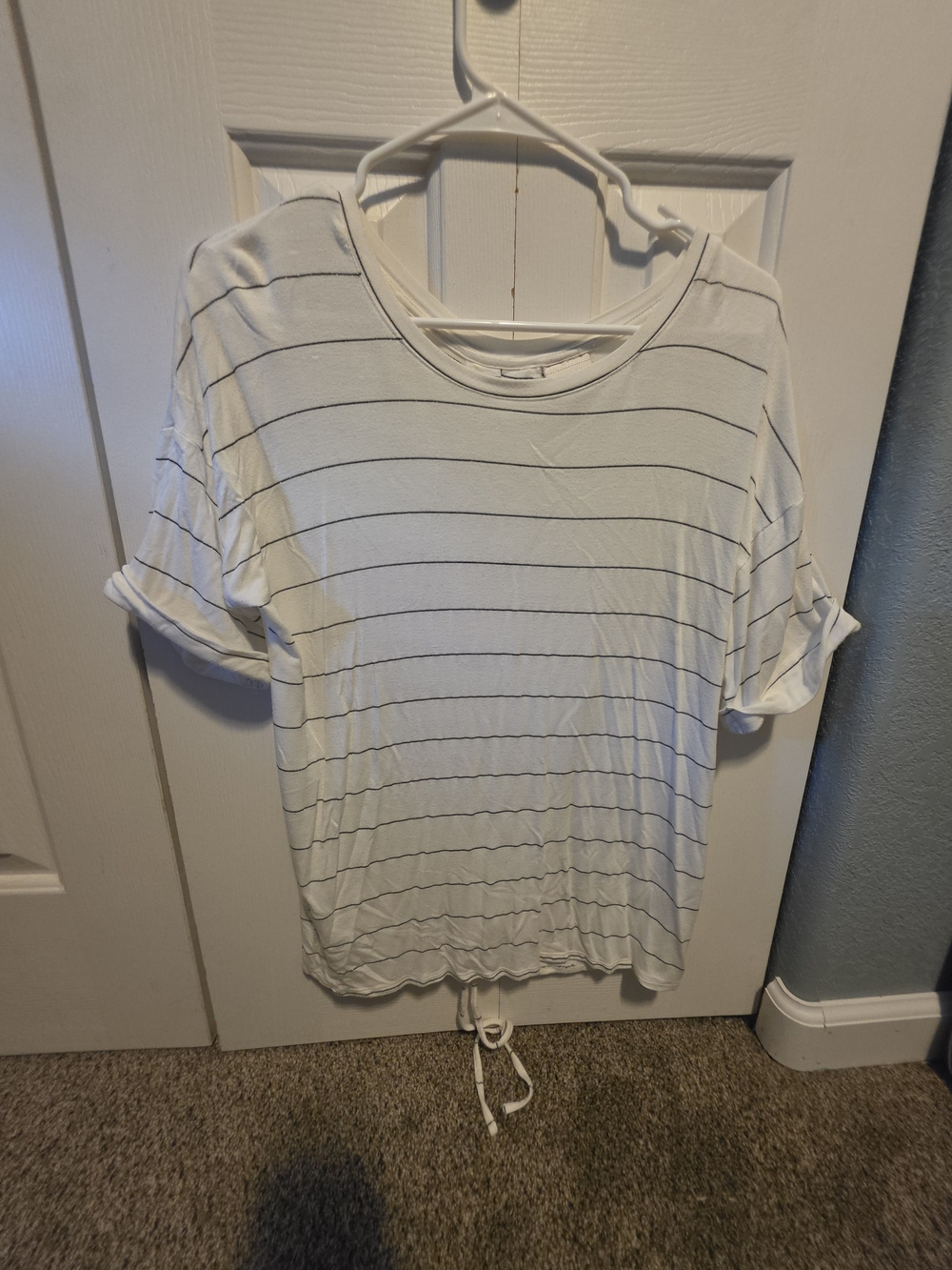 Daytrip White Tee with Thin Black Stripes and Drawstring Hem